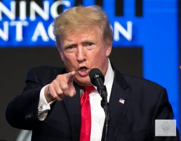 President Donald Trump signals a zero-tolerance policy for maritime restrictions during a White House briefing.